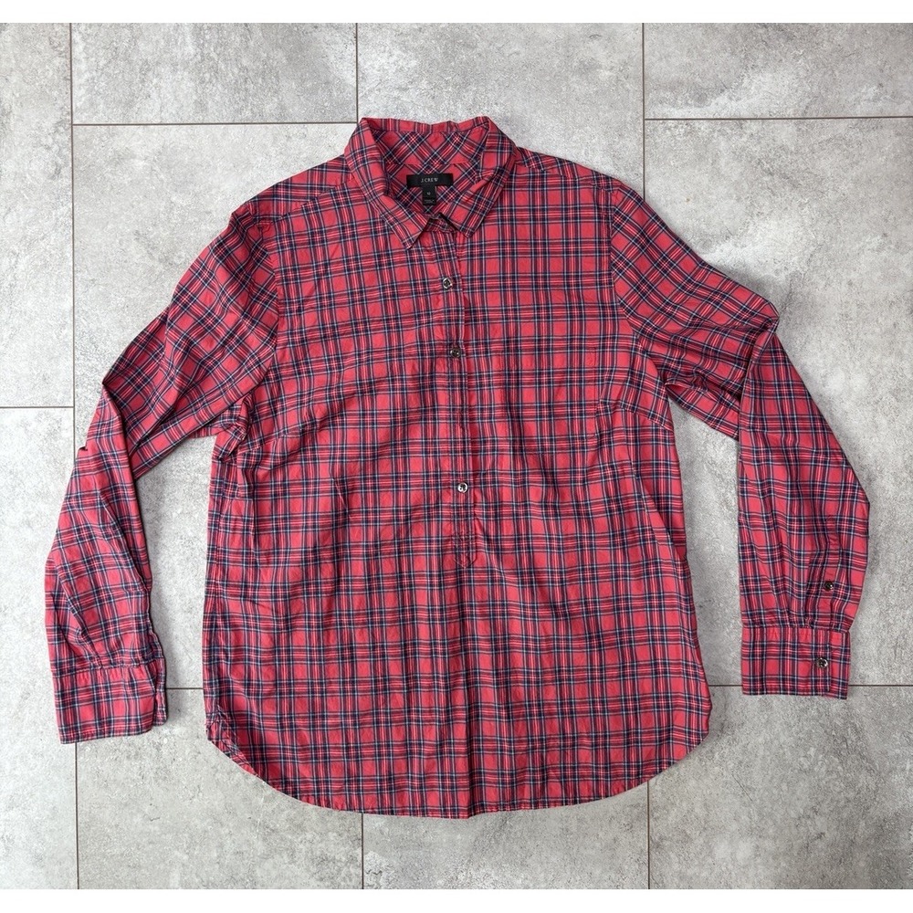 J Crew Red Plaid Half Button Up Tunic Long Sleeve Women Size 12 Casual